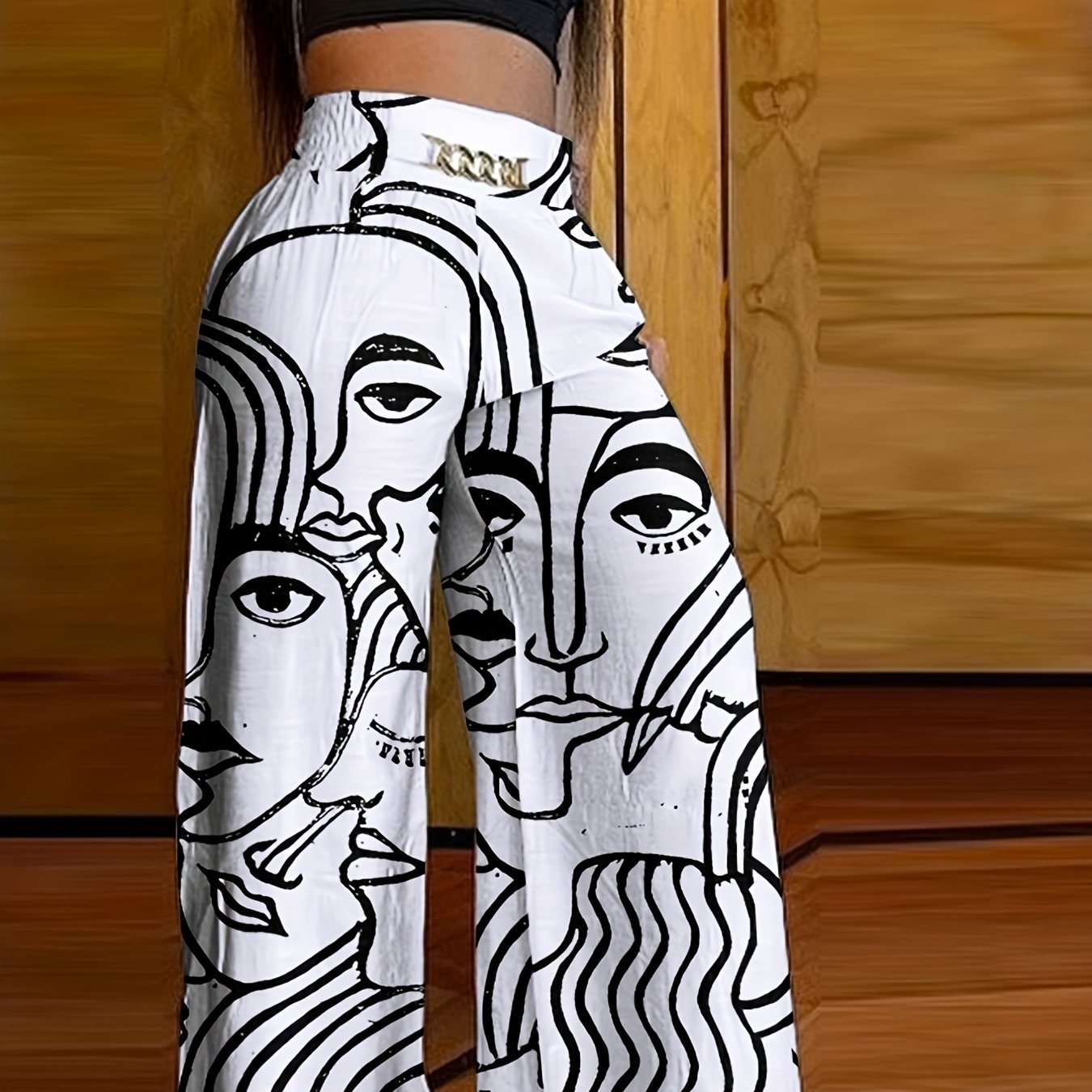 Abstract Face Print Pants, Casual Wide Leg High Waist Pants, Women's Clothing