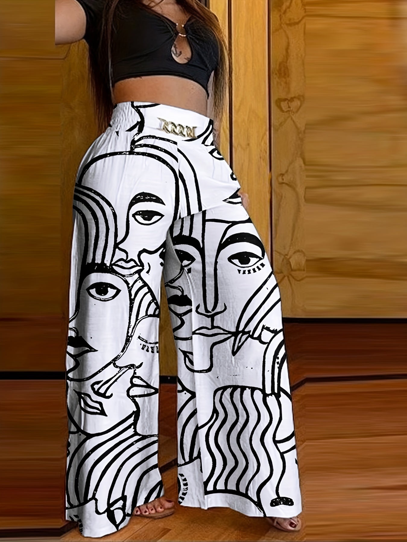 Abstract Face Print Pants, Casual Wide Leg High Waist Pants, Women's Clothing